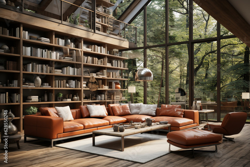 Sleek modern library: Clean lines, minimalist furniture, high resolution. Generative AI