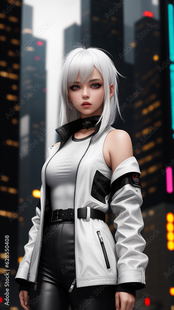 White-haired girl in cyberpunk city. Beautiful girl in leather dress. Cyberpunk anime beautiful girl. White-haired girl in cyberpunk city. Beautiful girl in leather dress. Cyberpunk anime beautiful girl.