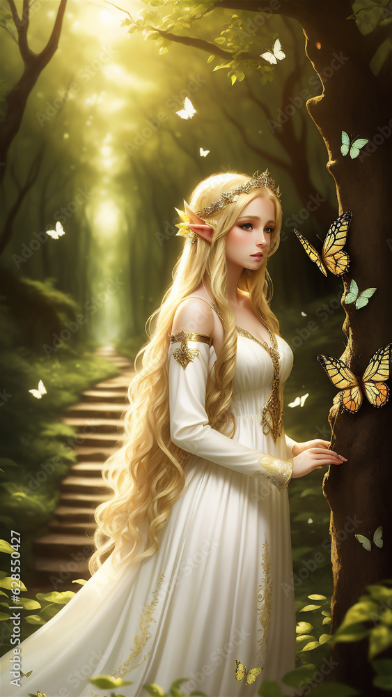 Fairy girl in a fantasy forest with golden lights. Blonde hair elf girl in a elf forest. Fairy girl in a fantasy forest with golden lights. Blonde hair elf girl in a elf forest.