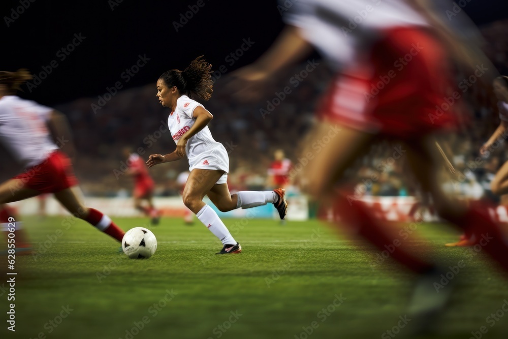 Woman soccer player wearing in uniform battle action in soccer stadium, Generative Ai content.