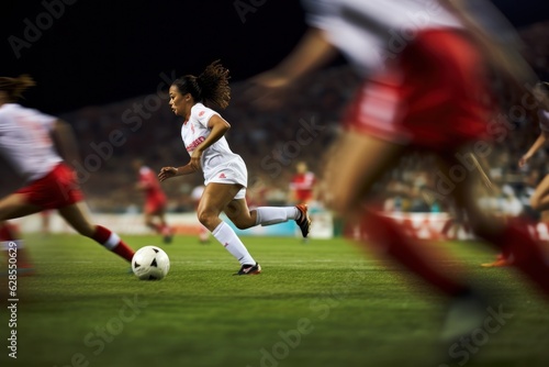 Woman soccer player wearing in uniform battle action in soccer stadium  Generative Ai content.
