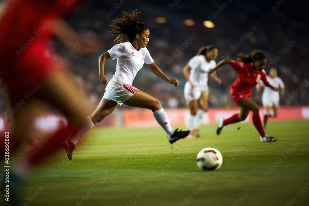 Woman soccer player wearing in uniform battle action in soccer stadium, Generative Ai content.