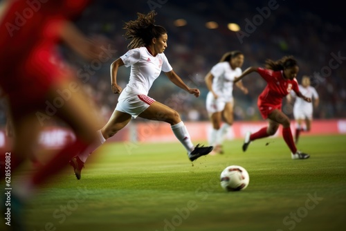 Woman soccer player wearing in uniform battle action in soccer stadium, Generative Ai content.
