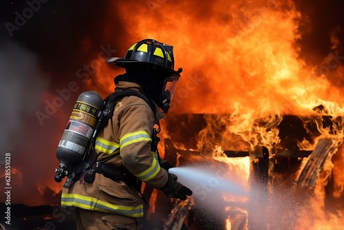 a firefighter spraying water on a fire © White