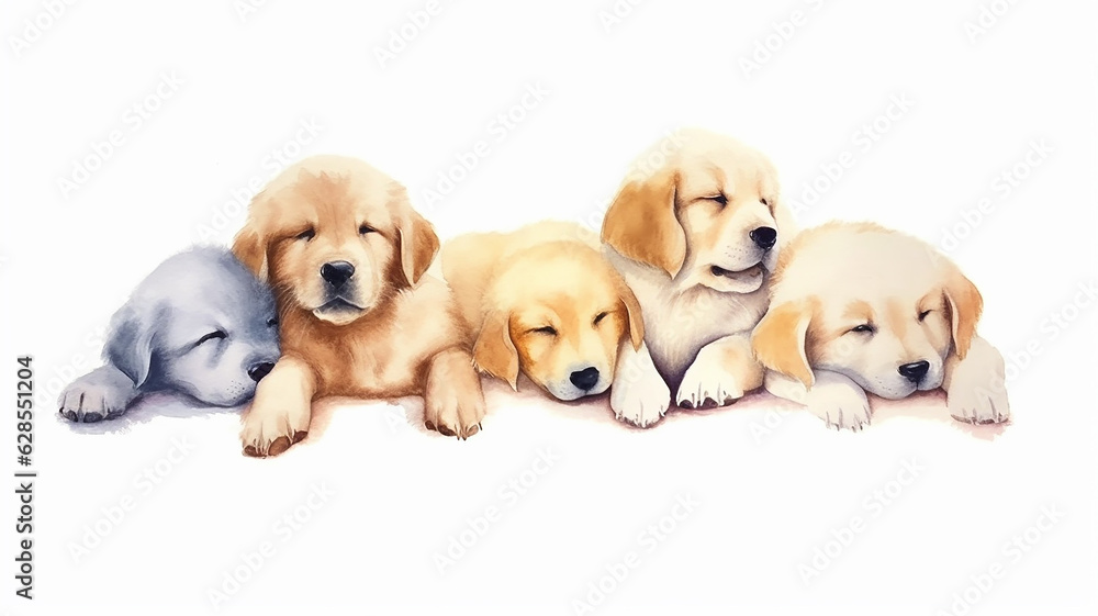 multicolored watercolor puppies on a white background.