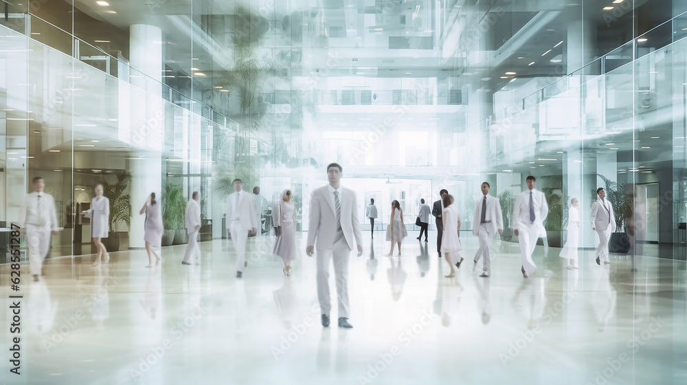 blurred background people in a glass office concept business center. Generative AI