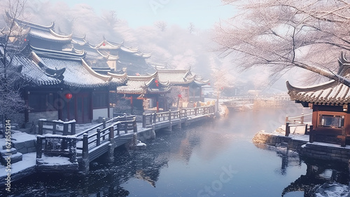 Winter landscape ancient chinese city embankment  chinese new year.