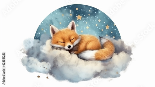 a fox cub sleeps on a cloud watercolor on a white background illustration of the little prince.