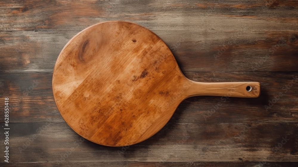 a wooden pizza paddle on a wood surface - obrazy, fototapety, plakaty 