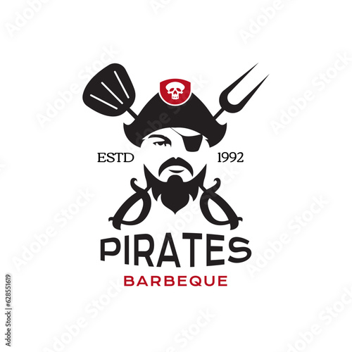 Pirates Barbeque. The pirate with spatula and meat fork logo design idea for restaurant, company, brand, store or business. vector