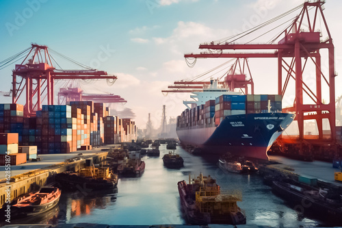 Container yard and pier with rows of containers and cranes near a large ship. generative AI.