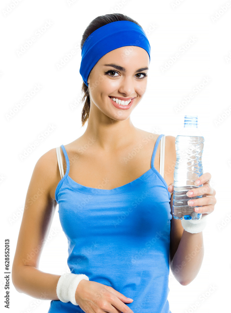Portrait of cheerful young attractive woman in fitness wear drinking water, isolated over white background Portrait of cheerful young attractive woman in fitness wear drinking water, isolated over white background