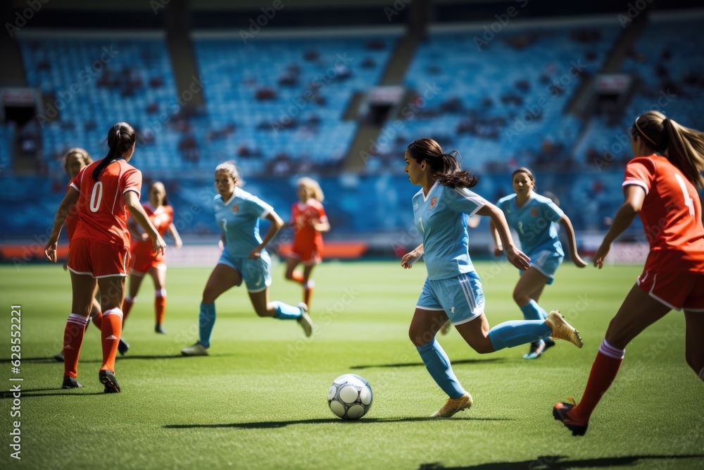 Woman soccer player wearing in uniform battle action in soccer stadium, Generative Ai content.