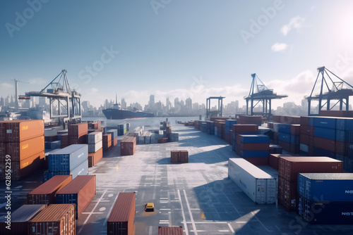 a row of cargo containers ready for international export, with a busy shipping pier as the backdrop. Embodying the seamless logistics and extensive reach of containerized shipping. Generative AI.