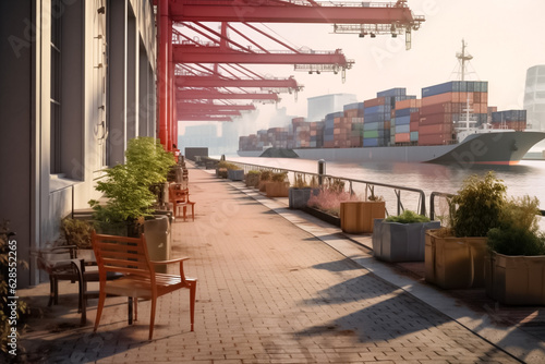 a row of cargo containers ready for international export  with a busy shipping pier as the backdrop. Embodying the seamless logistics and extensive reach of containerized shipping. Generative AI.