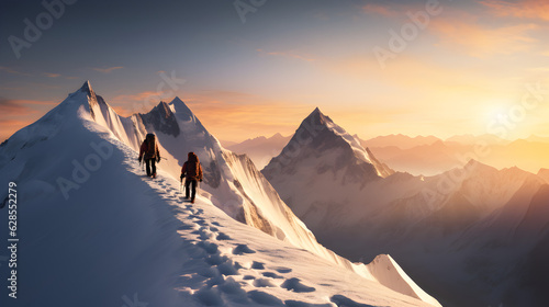 une cordée d'alpiniste sur une crète de montagne enneigée, illustration
