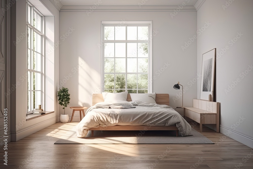 Front view of a light filled bedroom with a bed, an empty white poster, a white wall, a wooden hardwood floor, and a large window. minimalist design principle. Room for original thought. a mockup Front view of a light filled bedroom with a bed, an empty white poster, a white wall, a wooden hardwood floor, and a large window. minimalist design principle. Room for original thought. a mockup
