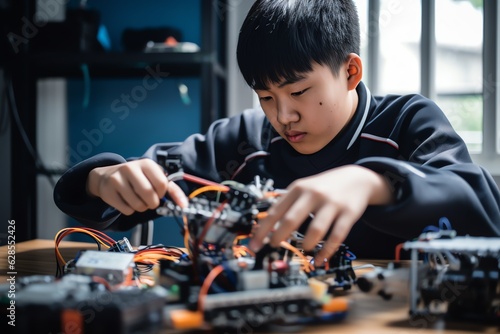 a boy working on a robot