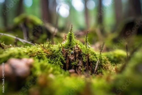 Earthy Woodland Beauty: Selective Focus on Moss-Covered Tree Stump