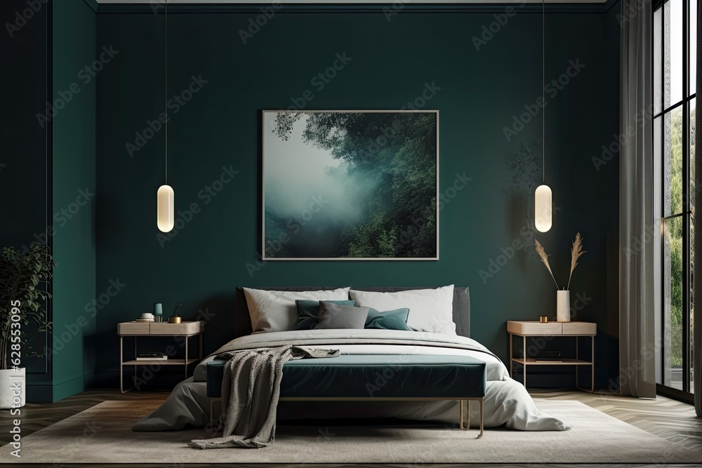 fashionable bedroom interior with bed, mock up poster frame, and dark green wall. Generative AI fashionable bedroom interior with bed, mock up poster frame, and dark green wall. Generative AI