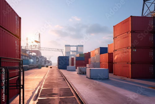 containers lined up for export at sunset, with a towering mast in the distance. Embodying transportation logistics and international container cargo shipping in a serene environment. Generative AI.