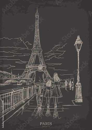 People walking excitedly towards the historic Eiffel tower, vector sketch