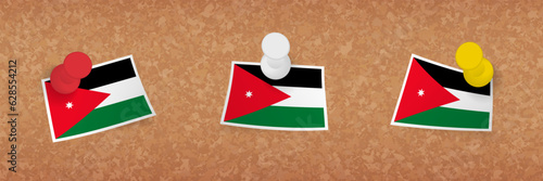 Jordan flag pinned in cork board, three versions of Jordan flag.
