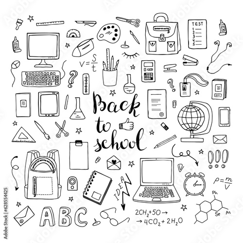 Set hand drawn school items on a sheet with lettering Back to School.