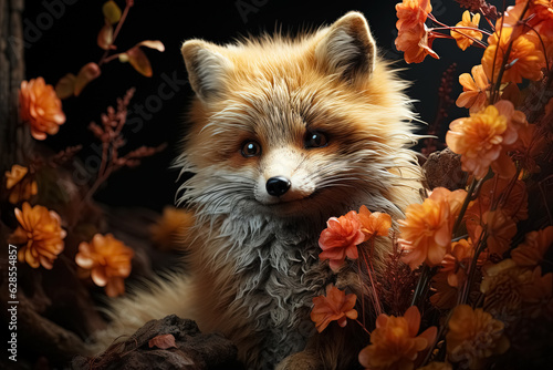cute little fox in autumn forest. Generative Ai