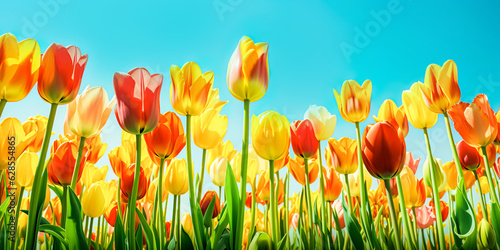 Selective focus.closeup of fantasy multicolor tulip flower blooming in garden with landscape meadow mountain view.nature spring background.generative ai art #628554865