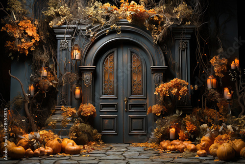 House entrance decorated for traditional autumn holidays, halloween concept. Generative Ai