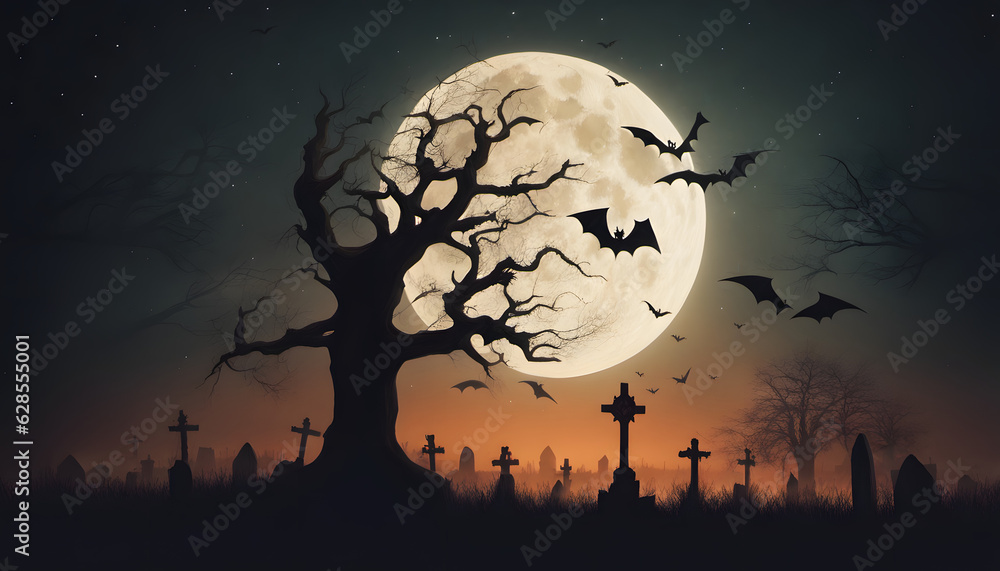 3.	a halloween cemetery and graveyard with a full moon, in the style of dark turquoise and light green, made of mist, captivating, exacting precision, Halloween, Jack O' Lanterns In Graveyard