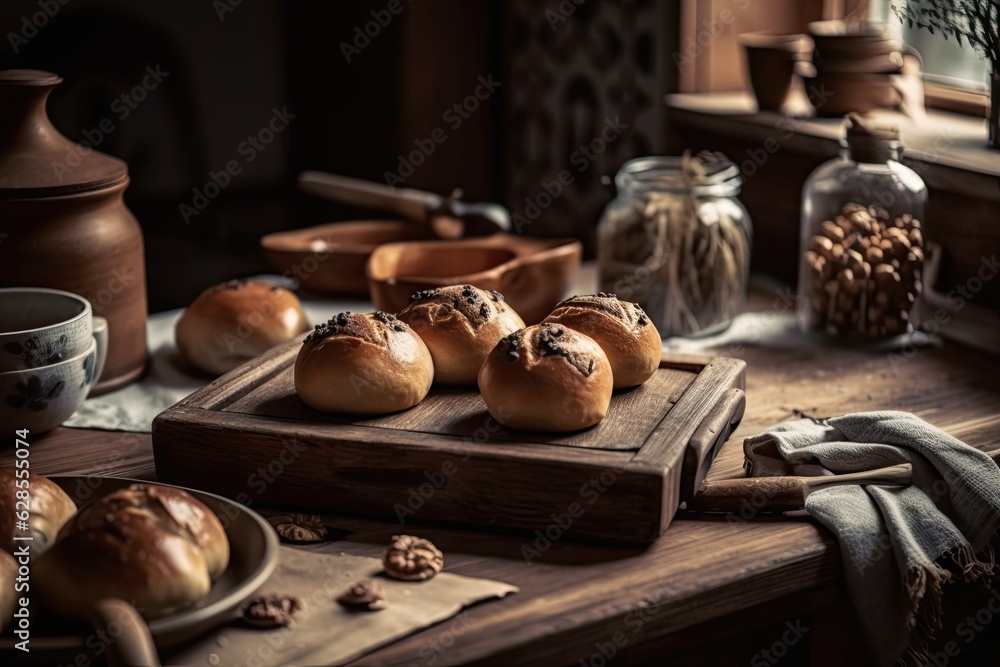 Homemade bread buns with wooden kitchen ware decorations in a bakery setting. Generative AI