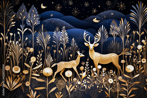 A paper cut artwork of deers in the forest at night, surrounded by trees and leaves, with a dark blue and gold color scheme. generative AI. © Surachetsh