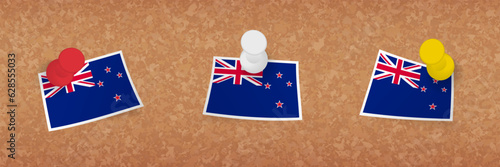 New Zealand flag pinned in cork board, three versions of New Zealand flag.
