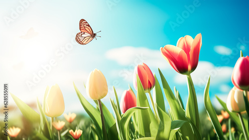 Selective focus.fantasy multicolor tulip flower blooming and butterfly flying in garden with landscape meadow mountain view.nature spring background.generative ai art #628555091