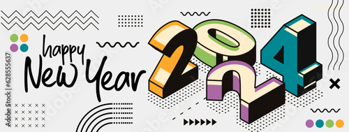 new year 2024 banner design with modern geometric abstract background in retro style. happy new year greeting card cover for 2024 calligraphy typography with colorful shapes. isometric vector. photo