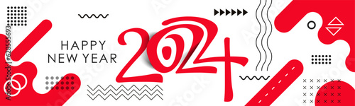 new year 2024 banner design with modern geometric abstract background in retro style. happy new year greeting card cover for 2024 calligraphy typography with colorful shapes. red Vector illustration.