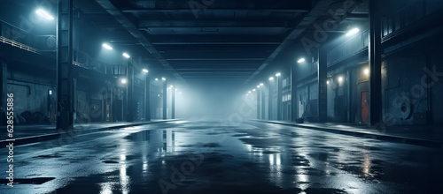 Enigmatic Night  Dark Warehouse with Mysterious Water Flow  Generative AI
