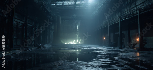 Enigmatic Night: Dark Warehouse with Mysterious Water Flow, Generative AI