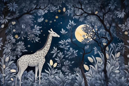 A breathtaking paper craft of a giraffe in the woods at night, with intricate details in the paper cut, featuring a dark blue and gold color scheme. generative AI.