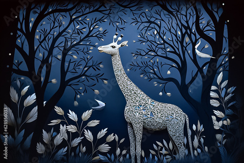 A breathtaking paper craft of a giraffe in the woods at night  with intricate details in the paper cut  featuring a dark blue and gold color scheme. generative AI.