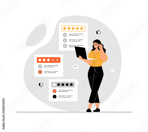 Customer review, satisfaction, feedback. Woman analyze customer comments with different experience. Illustration with people scene in flat design for website and mobile development.