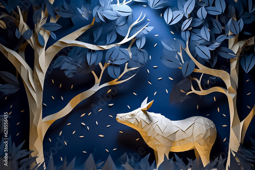 A captivating paper craft of a Rhino in the woods at night  with intricate details in the paper cut  featuring a dark blue and gold color scheme. generative AI.