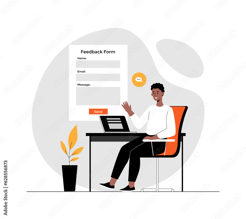 Feedback page concept. Man giving review and filling webpage form with client experience. Illustration with people scene in flat design for website and mobile development.