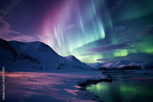 Fantastic view of aurora borealis and stars in the snowy winter sky. Generative AI