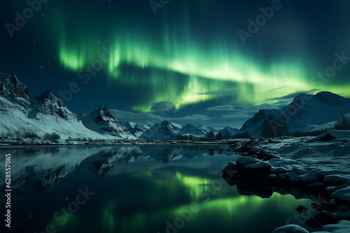 Fantastic view of aurora borealis and stars in the snowy winter sky. Generative AI © cwa