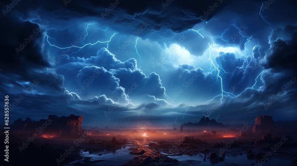 Thunderstorm clouds with lightning at night generative ai