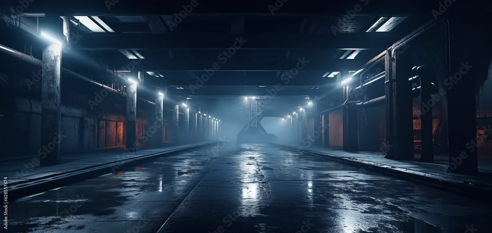 Empty Flooded Industrial Hallway at Night with Eerie Reflections and Dim Lighting, Copy Space, Generative AI Empty Flooded Industrial Hallway at Night with Eerie Reflections and Dim Lighting, Copy Space, Generative AI
