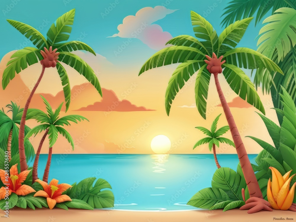 Puesta de sol con palmeras en el caribe